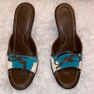 Tod's Leather Blue White Brown Open Toe Bow Mules Sandals Size 8